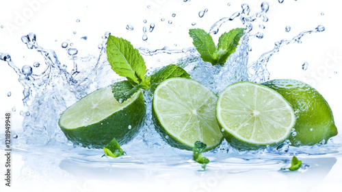 Lime, mint and water splash  , Cutted lime with leaves in water splashes isolated on white background,water drops on lemon and limes 