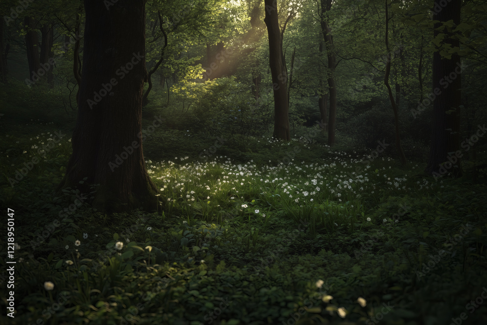 Obraz premium Sunlit forest clearing with wildflowers