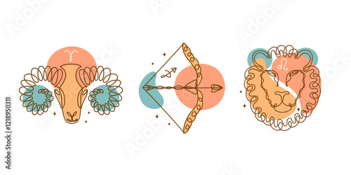 Aries, sagittarius, leo, fire element zodiac signs. Horoscope mystical symbols. Line art.