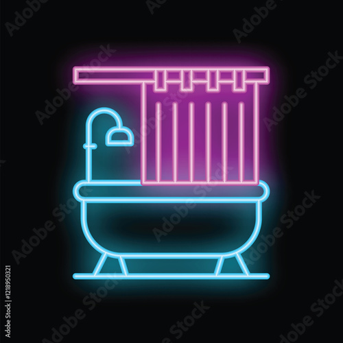 Glowing neon icon of a bathtub with shower curtain and shower head, perfect for designs related to bathrooms and relaxation