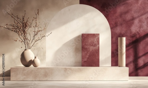 Minimalist Rectangular Podium in Light Maroon and Dark Beige Tones with Geometric Design and Vases in Artistic Studio Setting, 