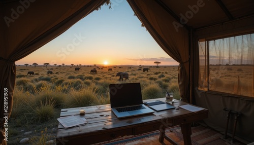 A safari-style tent in the African savanna with an open laptop on a rustic wooden desk overlooking vast plains, as elephants graze under a golden sunset, blending work and nature Generative AI