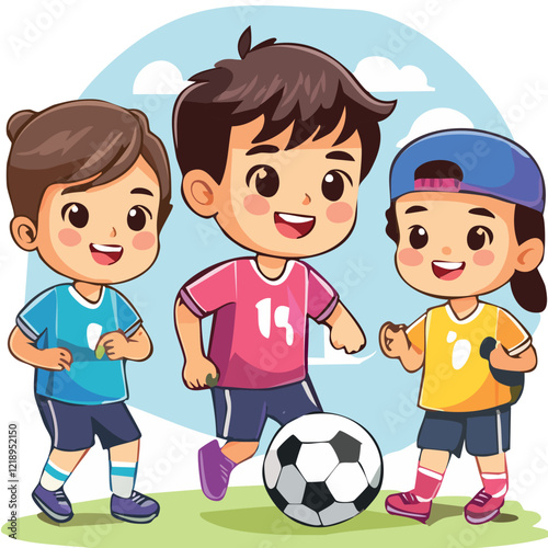 Children playing football in flat style isolated on white. Sport. Vector Illustration. Perfect for banner, invitation, card, print, fashion design, t-shirts.