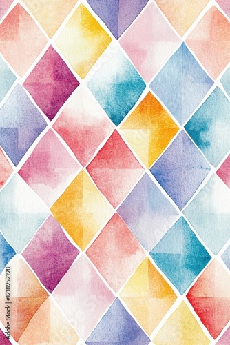Watercolor illustration of a vibrant argyle pattern with bold diamond shapes in shades of red, blue, yellow, purple, and pink