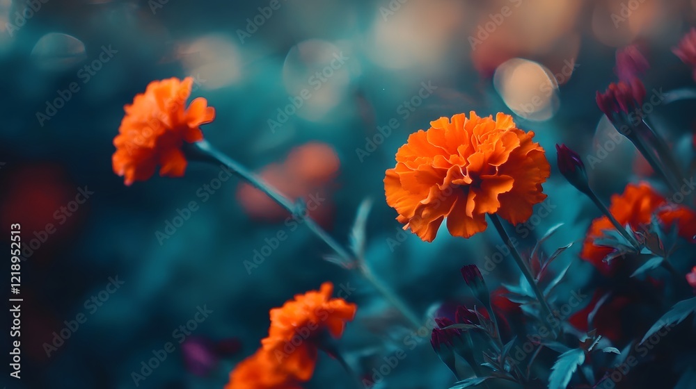 Vibrant Orange Marigold Flowers Blossoming in Soft Focus Background Vibrant Orange Marigold Flowers Blossoming in Soft Focus Background
