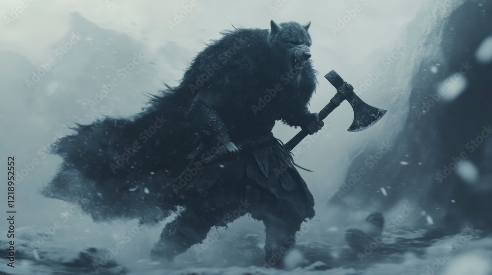 Obraz premium Norse berserker charging into battle frozen landscape digital artwork dramatic environment low angle heroic concept