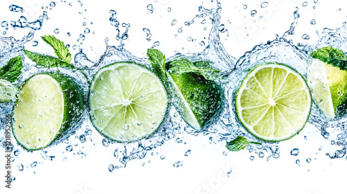 Lime, mint and water splash  , Cutted lime with leaves in water splashes isolated on white background,water drops on lemon and limes 