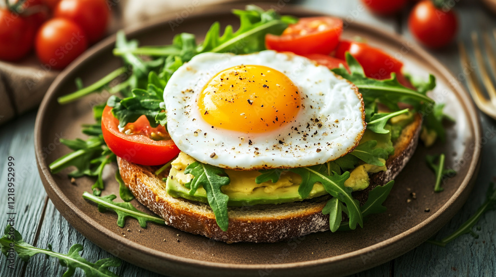 Delicious Avocado Toast with Fried Egg and Tomatoes Healthy Breakfast Recipe Food Meal Dish Easy Delicious Avocado Toast with Fried Egg and Tomatoes Healthy Breakfast Recipe Food Meal Dish Easy
