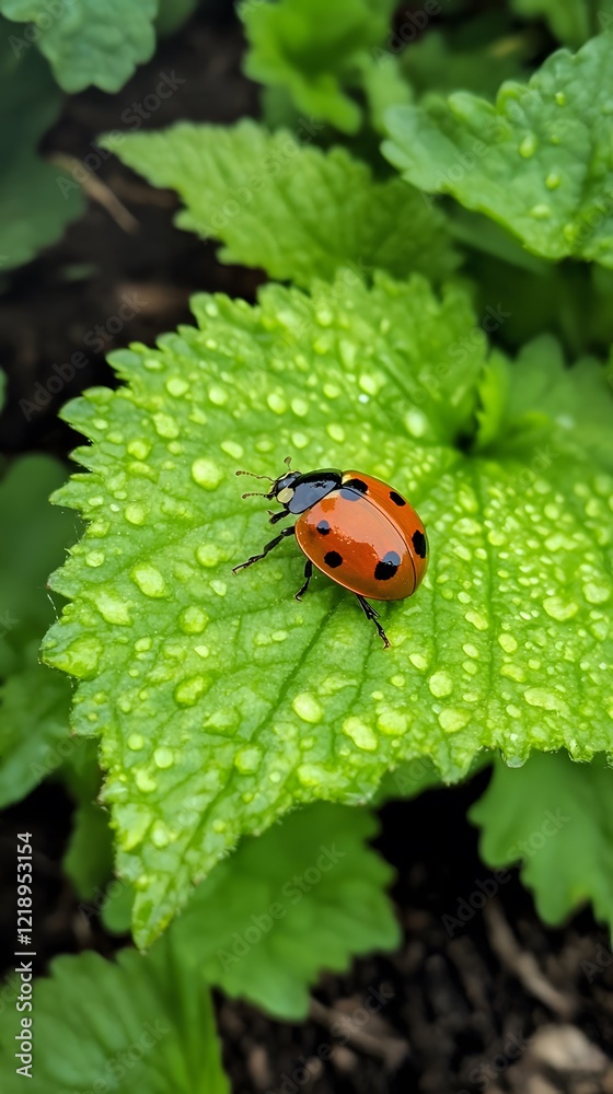 Fototapeta premium Macro Photography of Ladybug on Dew-Covered Leaf