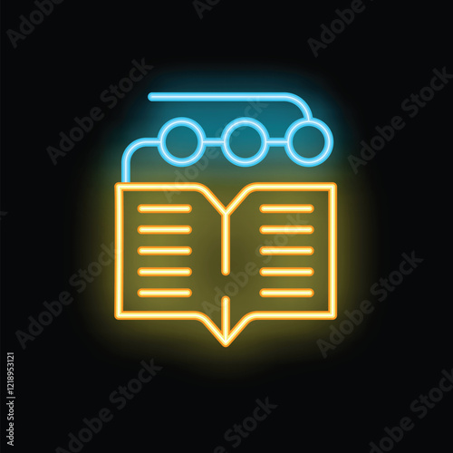 Bright neon icon of an open book with digital bookmark representing online education, e learning and digital library