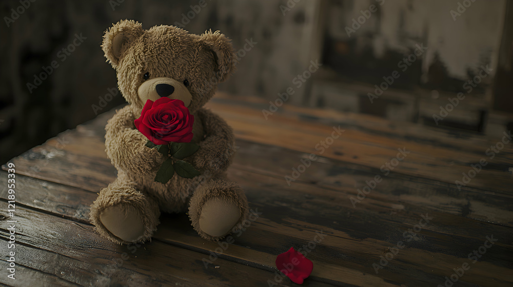Obraz premium A teddy bear holding a single red rose, sitting on a rustic wooden table