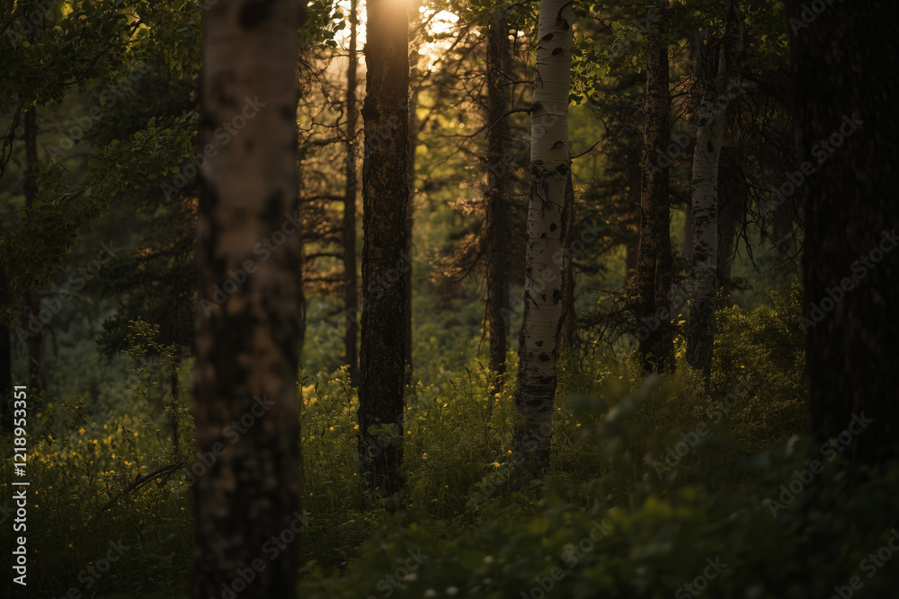 Obraz premium Golden hour sunlight filtering through trees