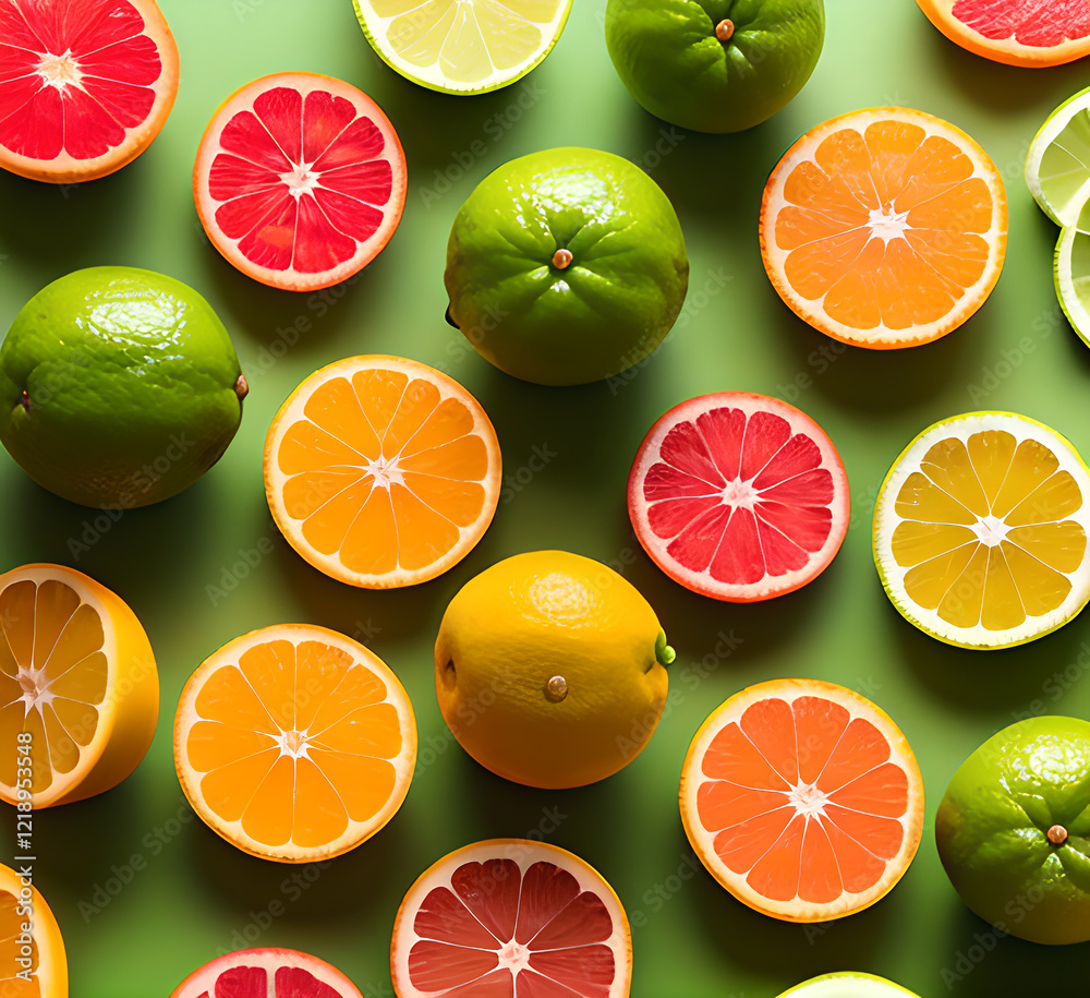 Obraz premium Fruit background. Colorful fresh fruits on white table. Orange, mandarin, lime, lemon, grapefruit. Flat lay, top view, copy space.generative ai