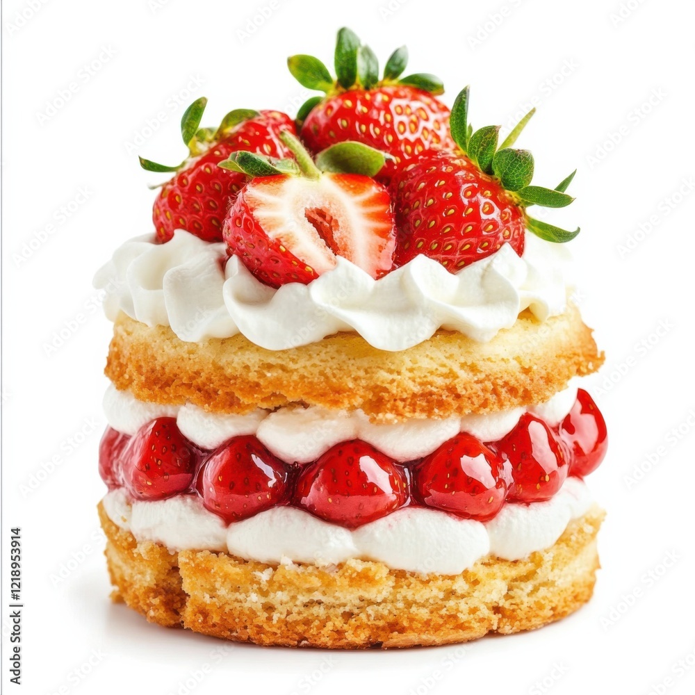 A farm-fresh strawberry shortcake with whipped cream, isolated white background, cubist art style A farm-fresh strawberry shortcake with whipped cream, isolated white background, cubist art style