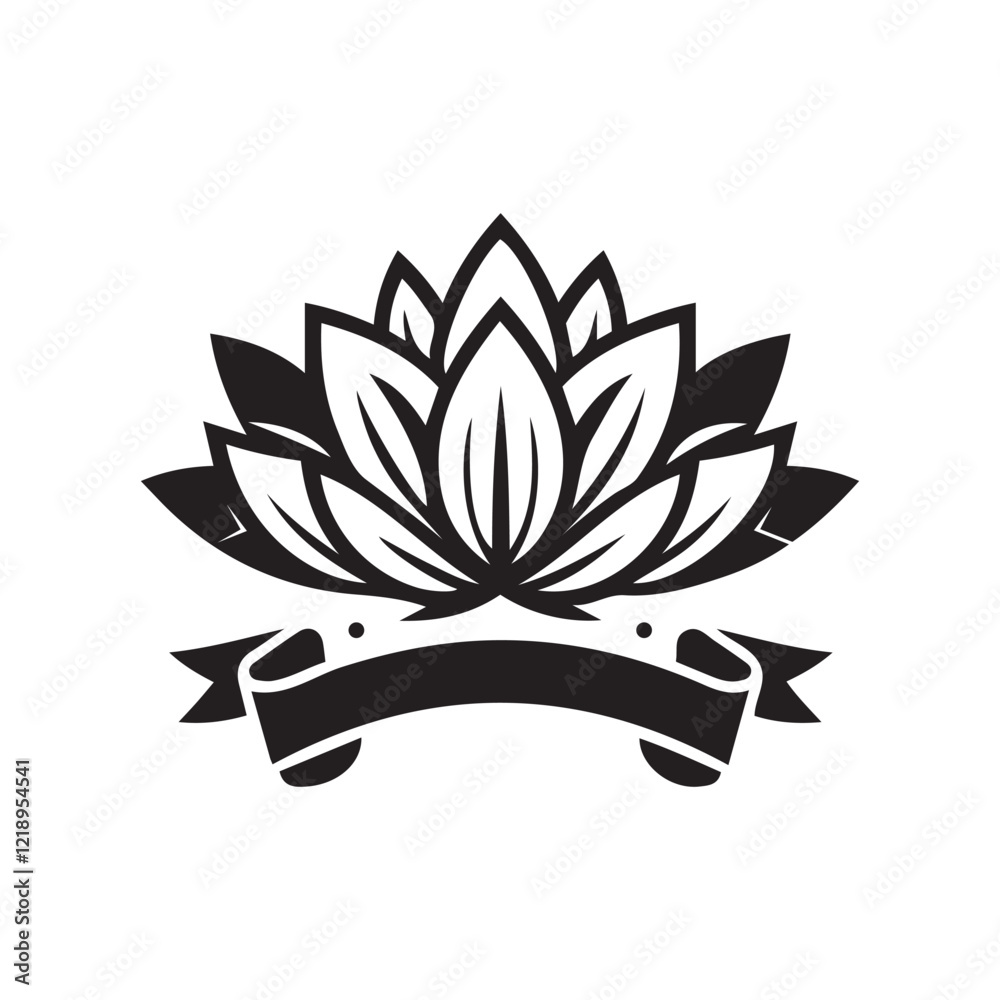 Fototapeta premium Lotus Flower With Ribbon Banner Logo Icon Vector Illustration
