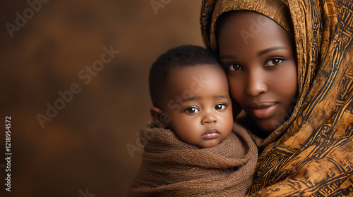 Beautiful African Ethiopian mother with newborn baby wearing a brown scarf on a brown background