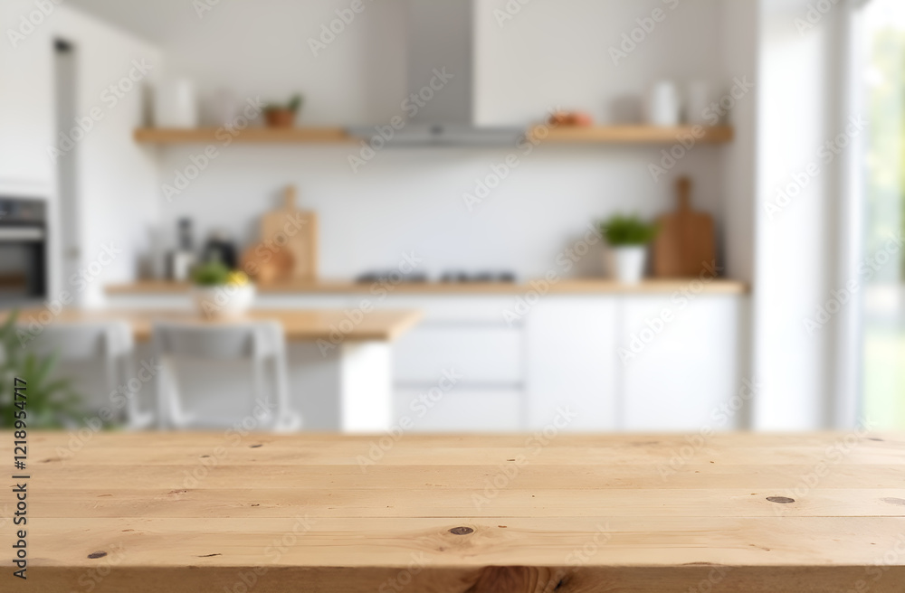 Fototapeta premium Empty wooden table with the bright white interior of the kitchen as a blurred background behind. Blurred background, selective focus.