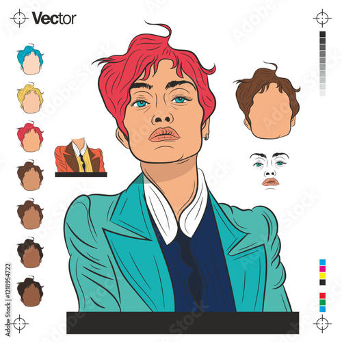 Mulher caucasiana de cabelos ruivos, olhos azuis e varias opções de tons de pele e roupa