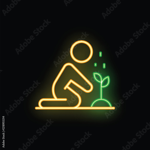 Neon sign depicting a person kneeling and planting a small tree seedling