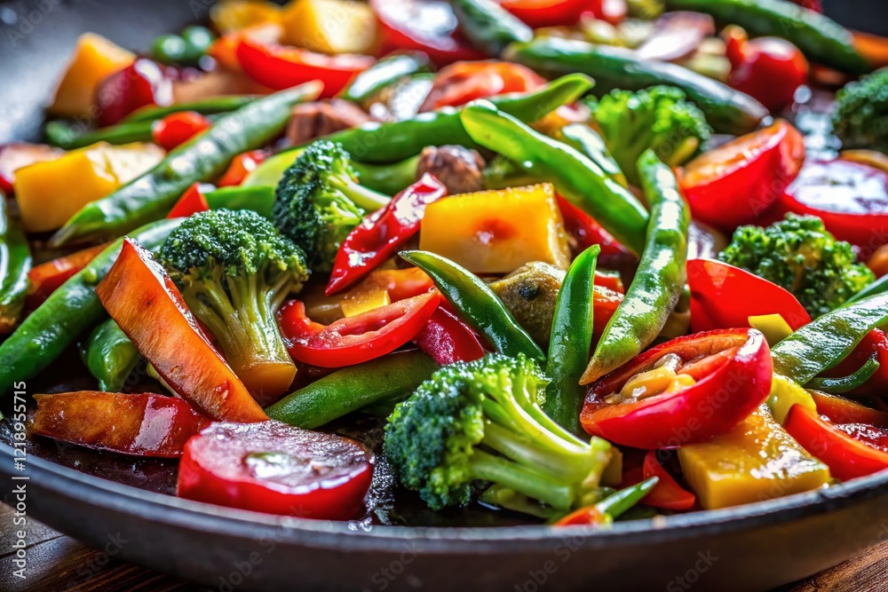 Macro Close-up of Stir-fried Vegetables Sizzling on a Hot Griddle Macro Close-up of Stir-fried Vegetables Sizzling on a Hot Griddle