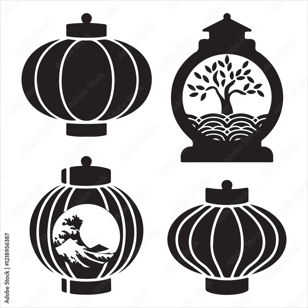 Fototapeta premium set of black variious vector lantern, islamic, ramadan, eid silhouettes