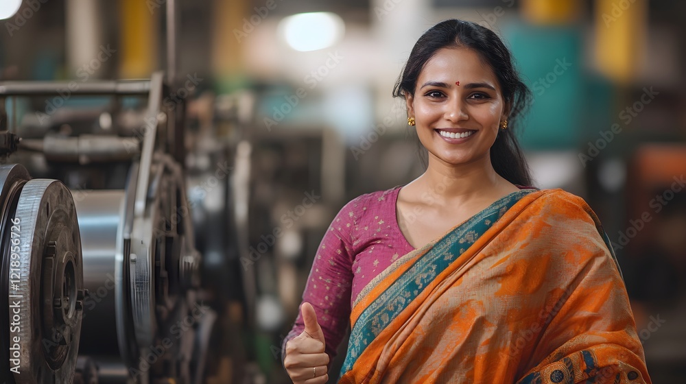 Fototapeta premium confident indian woman factory worker giving thumbs up