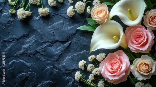 Elegant roses, lilies, slate background, sympathy card