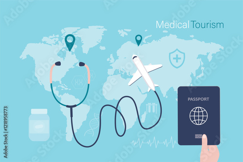 Medical tourism, concept banner. Stethoscope on worldwide with airplane. Patient hand holding passport. tourist flying overseas for cheap medical treatment and operation service
