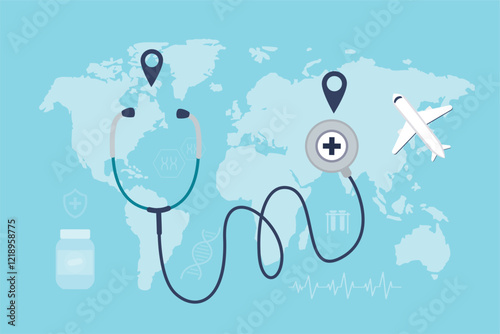 Medical tourism, concept, horizontal banner. Stethoscope on worldwide map with airplane. Patient tourist flying overseas for cheap medical treatment and operation service