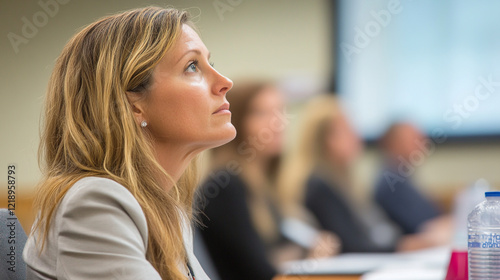 Attentive Woman Listening in Meeting Serious Businesswoman Professional Conference work hair focus  