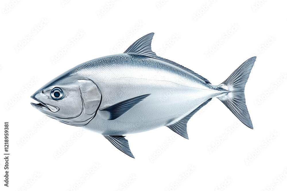 Obraz premium Closeup of a silver tuna fish with smooth scales, sharp fins and a sleek body isolated on white transparent background.