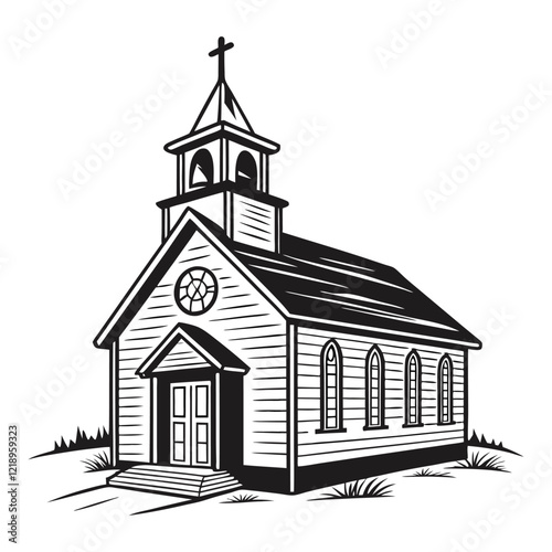 A stylized, black and white vector illustration of a charming church perched atop a grassy hill