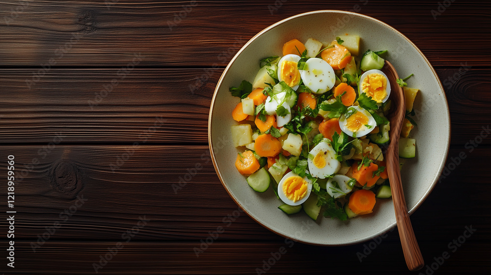 Mixed vegetable salad with eggs, cucumbers, and carrots in a rustic bowl Mixed vegetable salad with eggs, cucumbers, and carrots in a rustic bowl