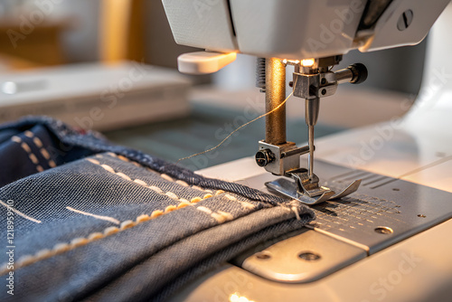 Close-up view of a sewing machine stitching fabric with golden thread, showcasing craftsmanship