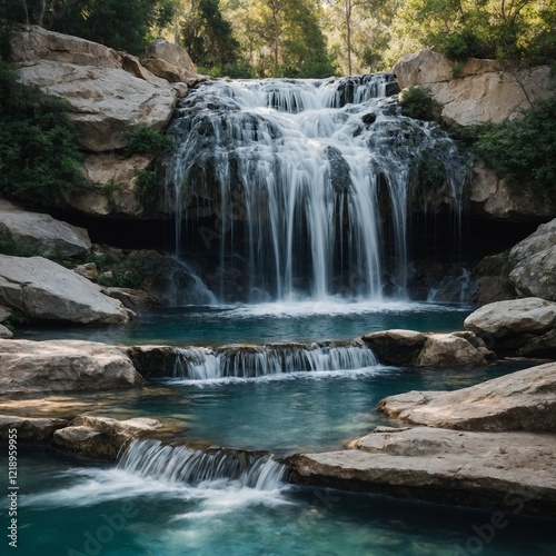 A park waterfall cascading into a crystal-clear pool with white rocks.