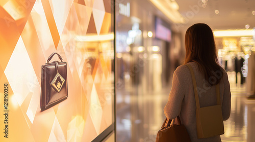 A shopper admires a luxurious handbag display in a modern retail environment.