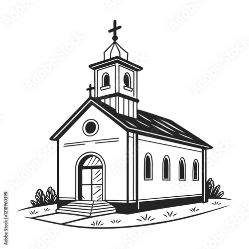 A stylized, black and white vector illustration of a charming church perched atop a grassy hill