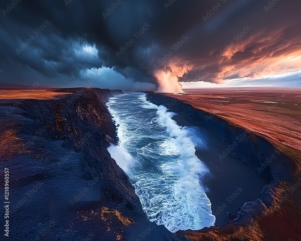 Naklejka premium Dramatic Coastal Cliffs Ocean Waves Stormy Sunset Landscape