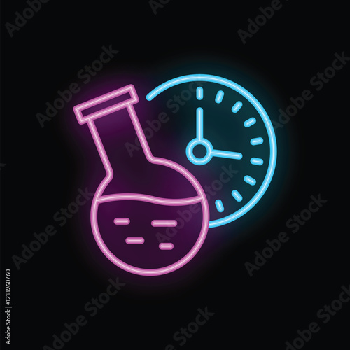 Neon icon of a laboratory flask with a timer in the background representing a chemical experiment