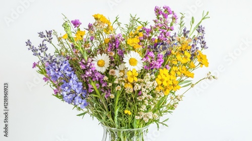 A colorful bouquet of fresh wildflowers in a glass vase on a white isolated background