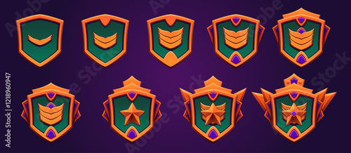Magic bronze game rank level set. Perfect for epic, legend achievements and badges. Progress award for games. Metallic style gemstone, star. Fantasy, adventure.
