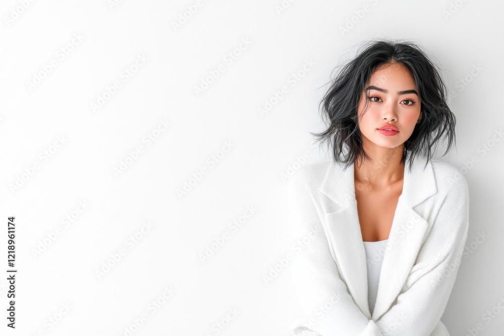 Young woman nervously awaiting an important call in a minimalistic white room