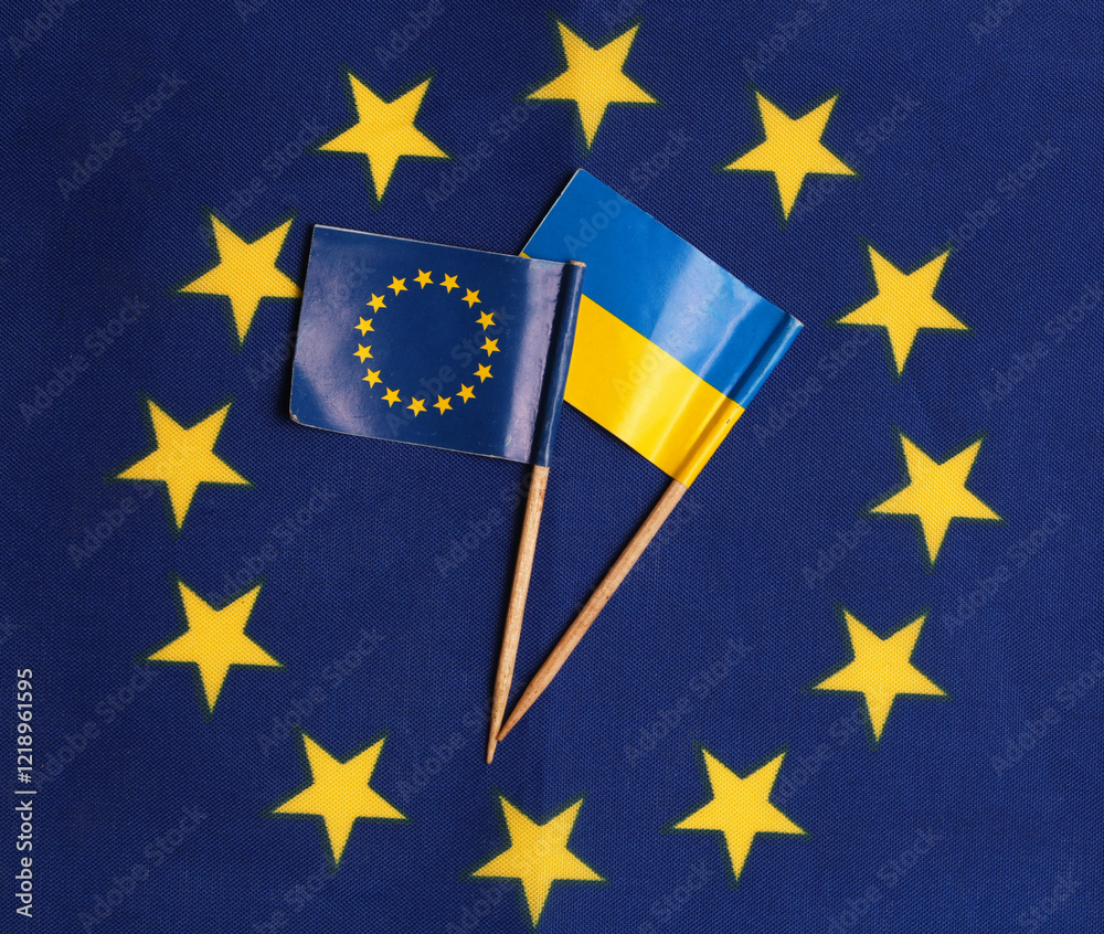 flag of ukraine and european union against the background of the eu flag Concepts of eu support for ukraine flag of ukraine and european union against the background of the eu flag Concepts of eu support for ukraine
