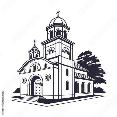 A stylized, black and white vector illustration of a charming church perched atop a grassy hill