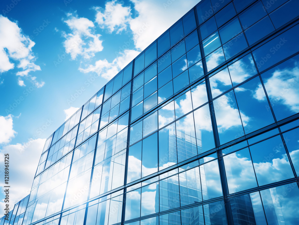 Reflective skyscrapers, business office buildings. The window glass reflects the blue sky and white clouds. Reflective skyscrapers, business office buildings. The window glass reflects the blue sky and white clouds.