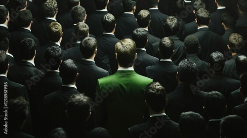 Individuality in a Crowd Man in Green Jacket Amidst Black Suited Men photo