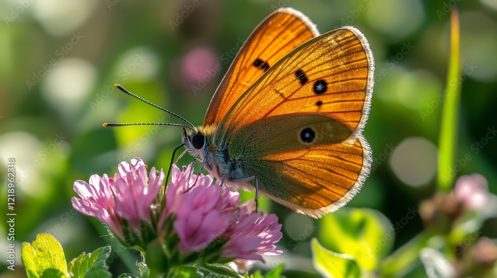 Close-up of a Meadow Brown butterfly feeding on a pink clover flower in a sunny garden Close-up of a Meadow Brown butterfly feeding on a pink clover flower in a sunny garden