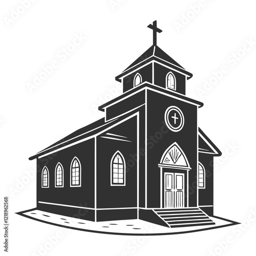 A stylized, black and white vector illustration of a charming church perched atop a grassy hill