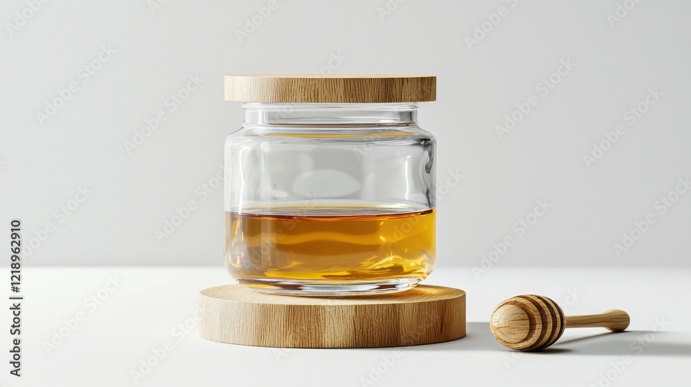 A glass jar filled with fresh honey and a wooden dipper on a white isolated background A glass jar filled with fresh honey and a wooden dipper on a white isolated background