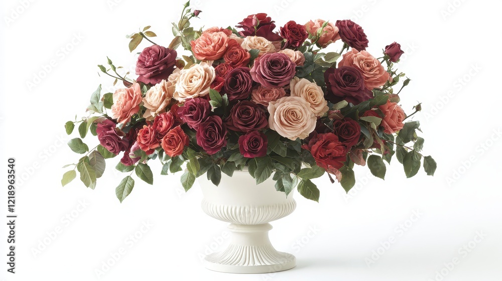 Obraz premium A beautiful bouquet of roses placed in a white vase on a white isolated background